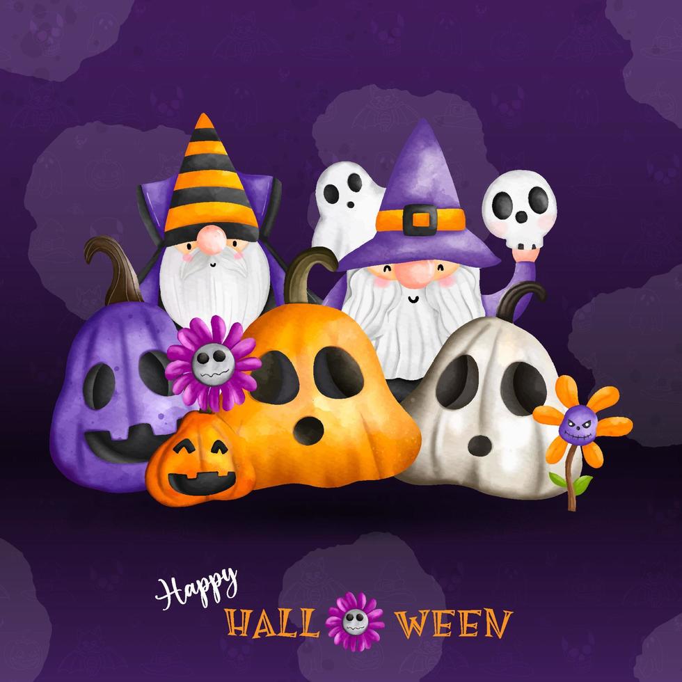 Halloween Gnome, Wizard gnome, Witch gnome and Halloween pumpkins. watercolor illustration vector