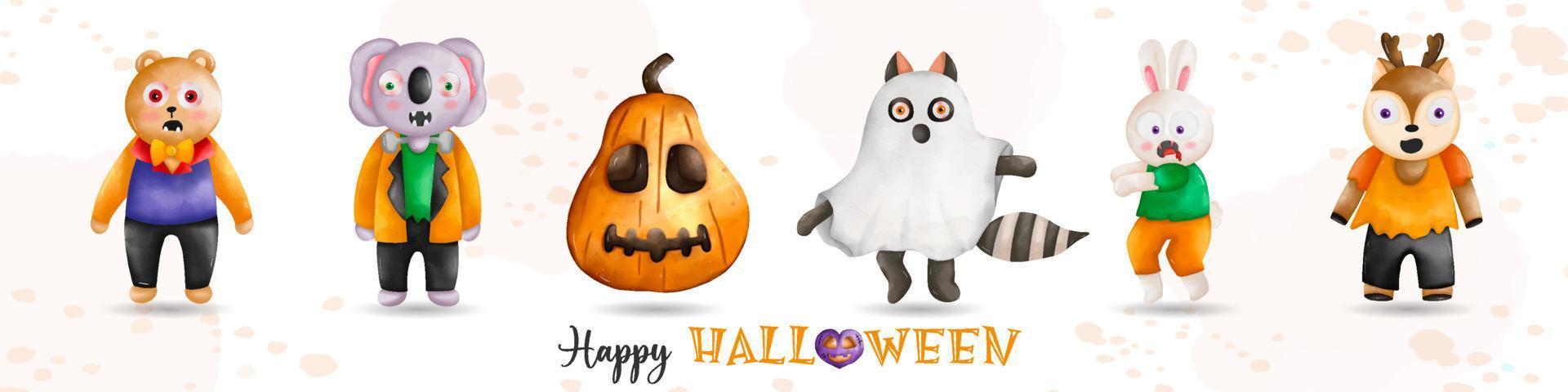 Halloween animals compositions illustration. Bear, elephant, pumpkin, racoon, rabbit, deer Halloween vector
