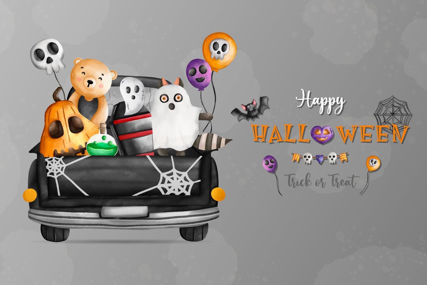 Happy Halloween, Trick and Triat. 31 Oct. Animals in Halloween costumes on ghost car vector