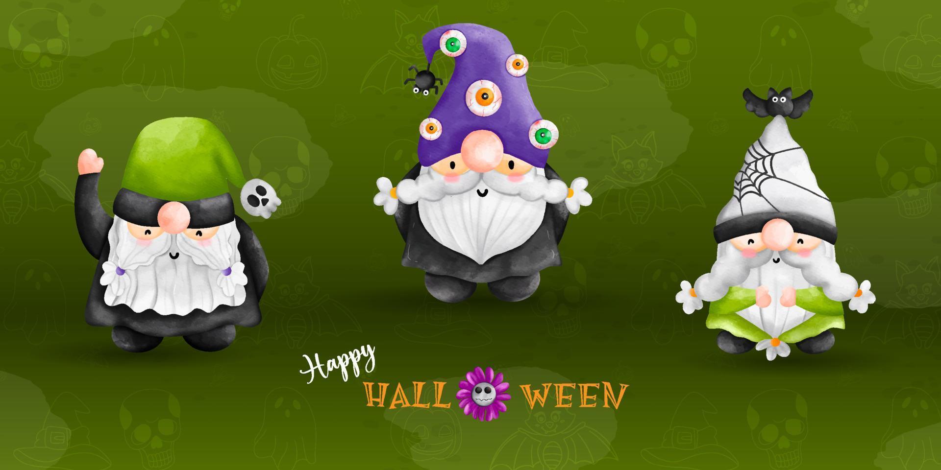 fantasma de gnomo de halloween, ilustración acuarela. tres gnomos - enanos en ropa de halloween vector