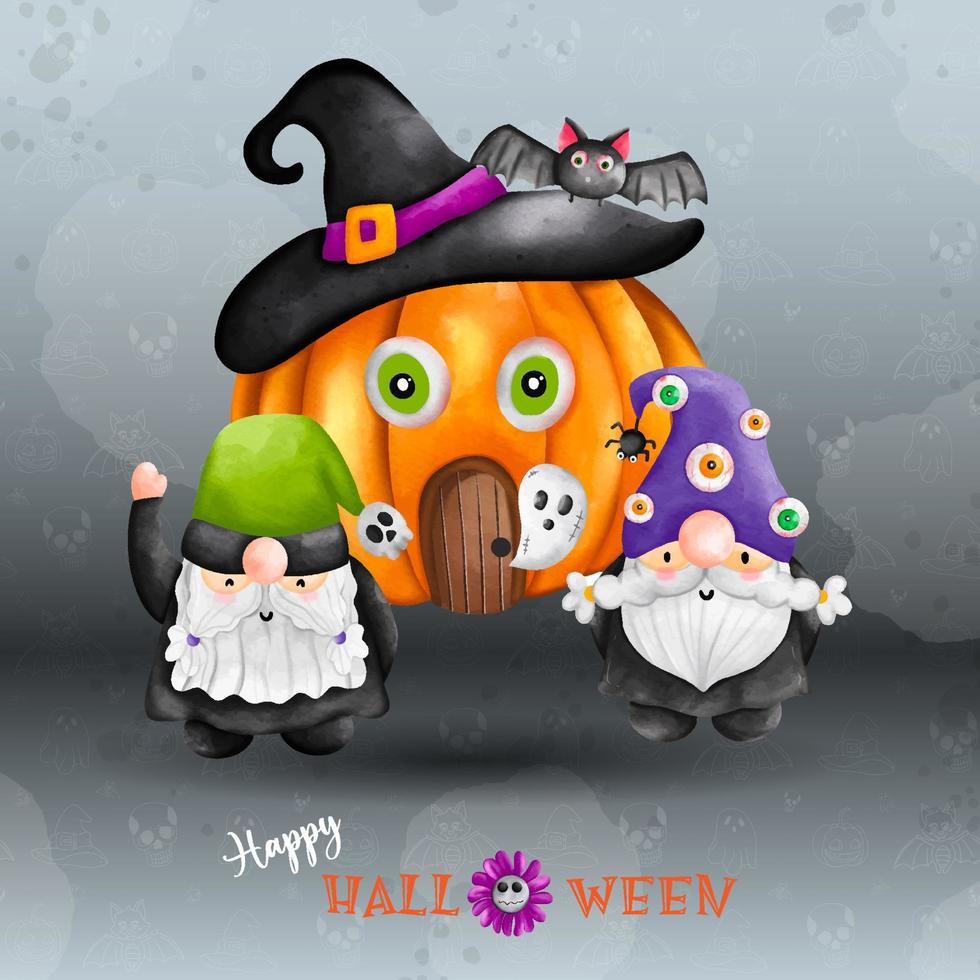 Halloween Gnome, watercolor illustration. Two Gnome on witch Halloween clothes. Magic Halloween vector