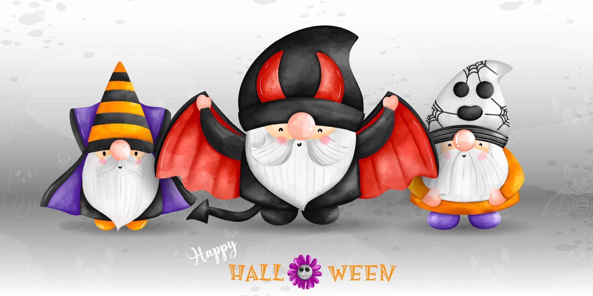 Cute Halloween Gnome, Little witch dwarf, Dracula gnome. watercolor illustration vector