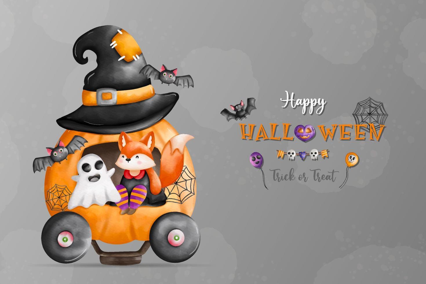 Happy Halloween, Trick and Triat. 31 Oct. Fox witch and ghost sitting on pumpkin car vector