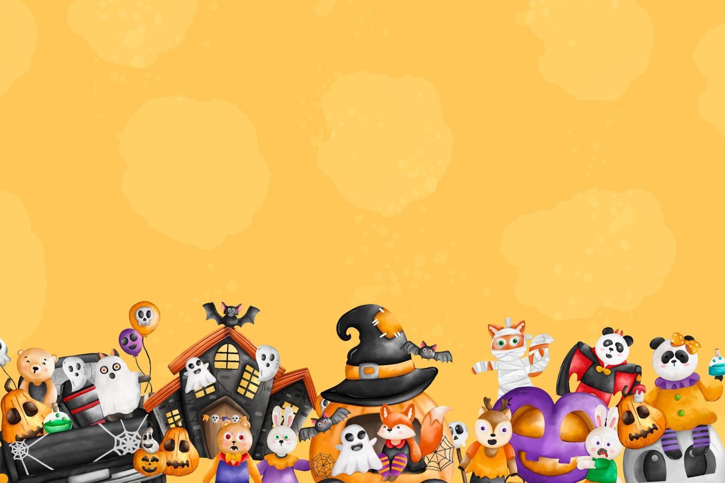 fondo de halloween mascotas en disfraces de halloween y decoración con fondo amarillo vector