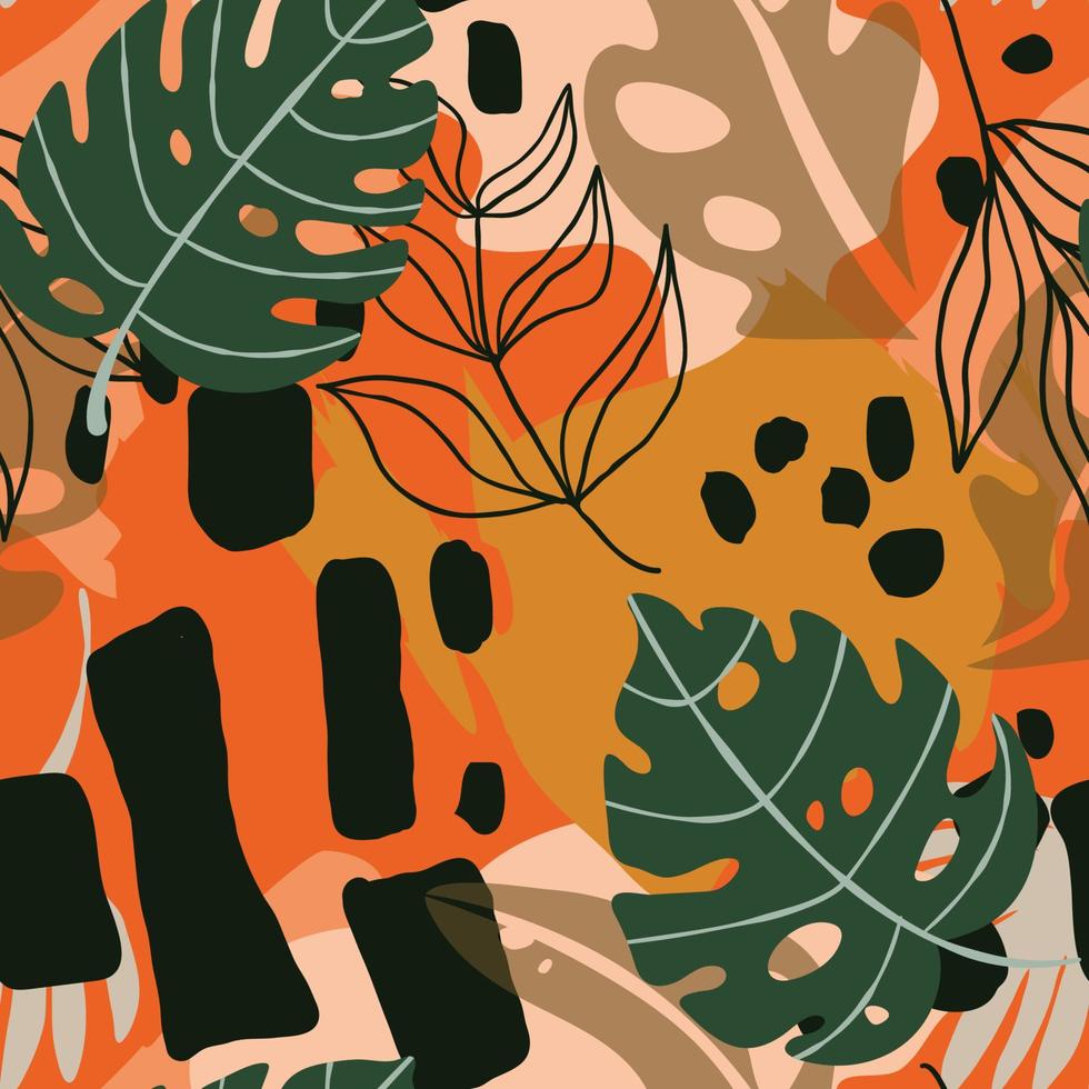 Stylish seamless pattern with exotic tropical leaves and plants with abstract hand drawn ornament on colourful brown backdrop. Creative palm foliage floral background. vector