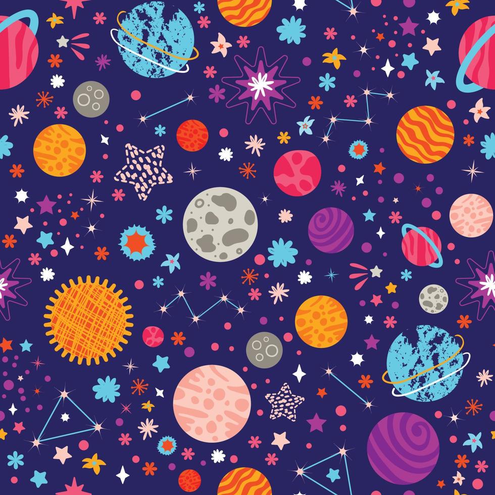 Seamless pattern with colorful space with planets, comets, constellations and stars. Night sky hand drawn astronomical elements. Cute design unisex illustration. Dominant purple and blue. vector