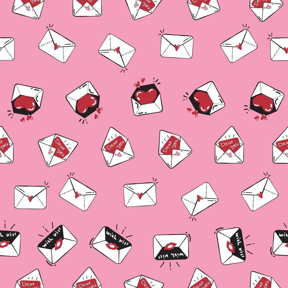 Seamless pattern with cute mails arranged in line on pink background. Doodle style for surface design. Hand drawn vector illustration.