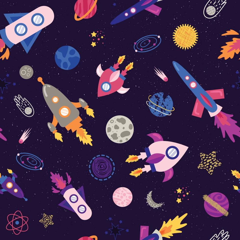 Seamless pattern with spaceship, rockets, planets, stars, moon, comets, sun on starry nights. Vector illustration about cosmic, cosmos for unisex children.