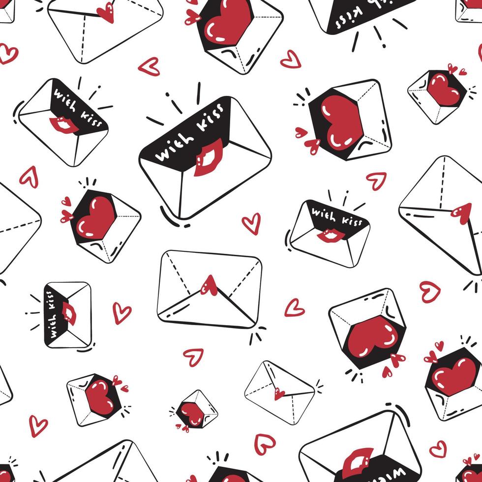 Seamless pattern with cute kissed envelope, love letters mails with red heart on white background. Doodle style for surface design. Hand drawn vector illustration.