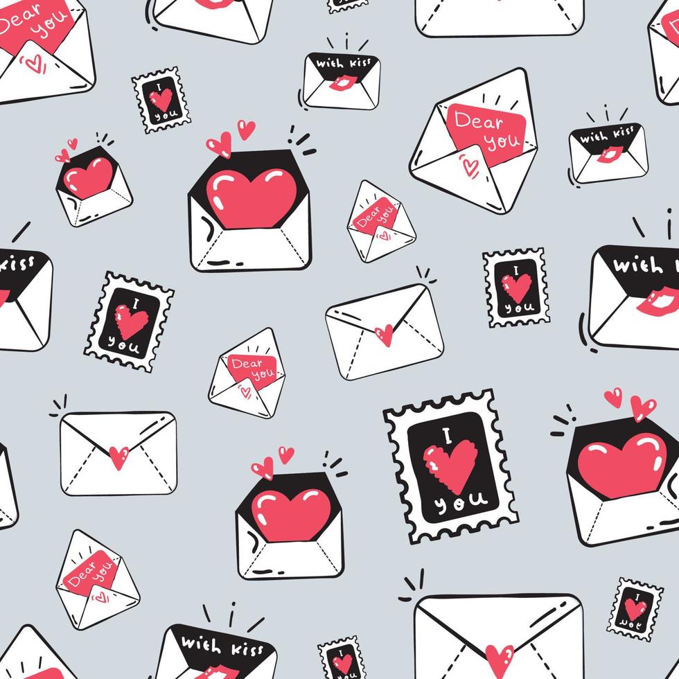 Seamless pattern with cute kissed envelope, stamps, love letters mails with red heart on blue background. Doodle style for surface design. Hand drawn vector illustration.