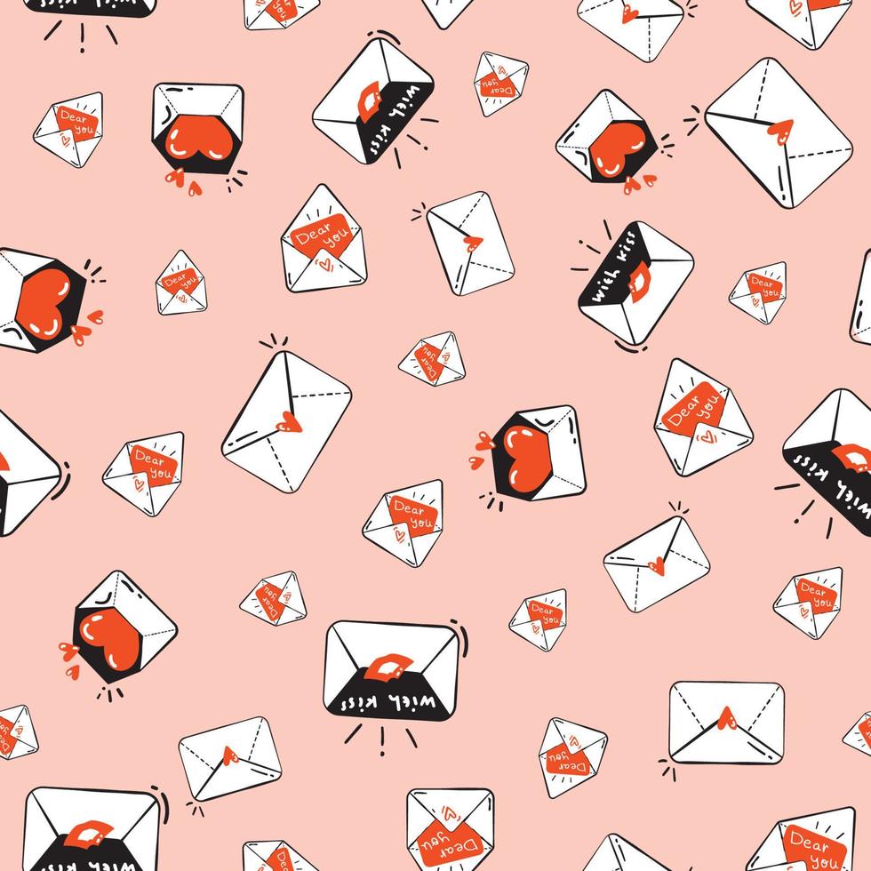 Seamless pattern with cute love letters mails on orange background. Doodle style for surface design. Hand drawn vector illustration.