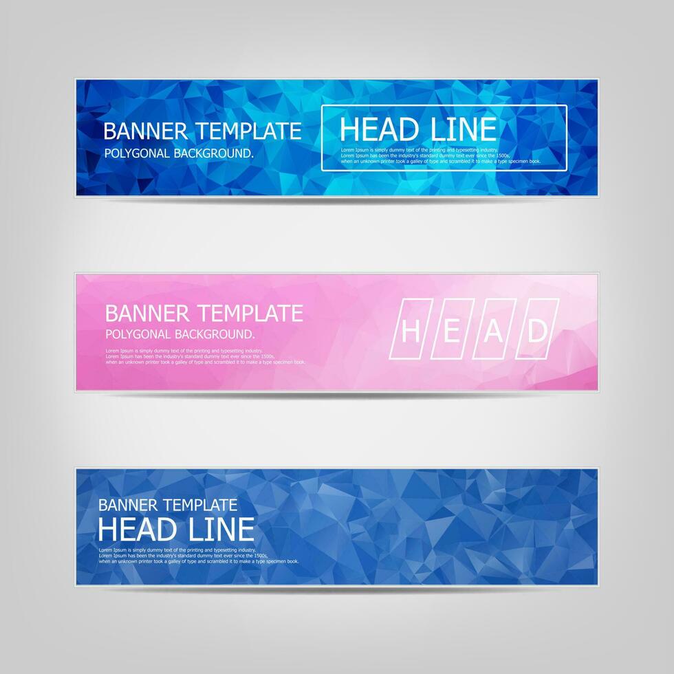 Set of banners with a polygonal geometric background with different design elements and colors. Design of flyers, banners, brochures and cards, Corporate Identity, Advertising printing. vector