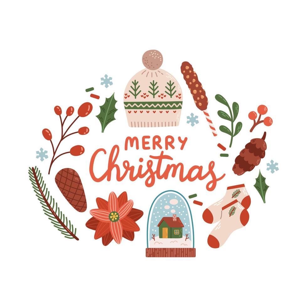 Merry Christmas phrase with wreath lettering isolated vector illustration