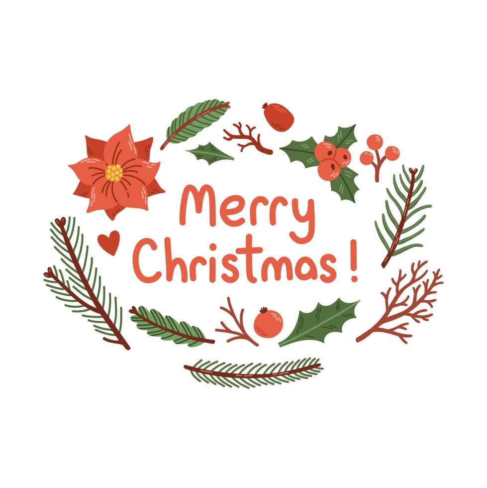 Merry Christmas phrase with wreath lettering isolated vector illustration