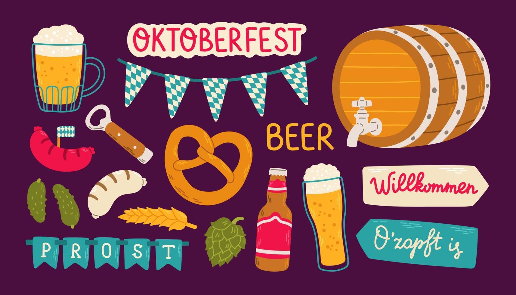 Oktoberfest establece un diseño plano aislado en la ilustración de vector de imágenes prediseñadas de fondo oscuro