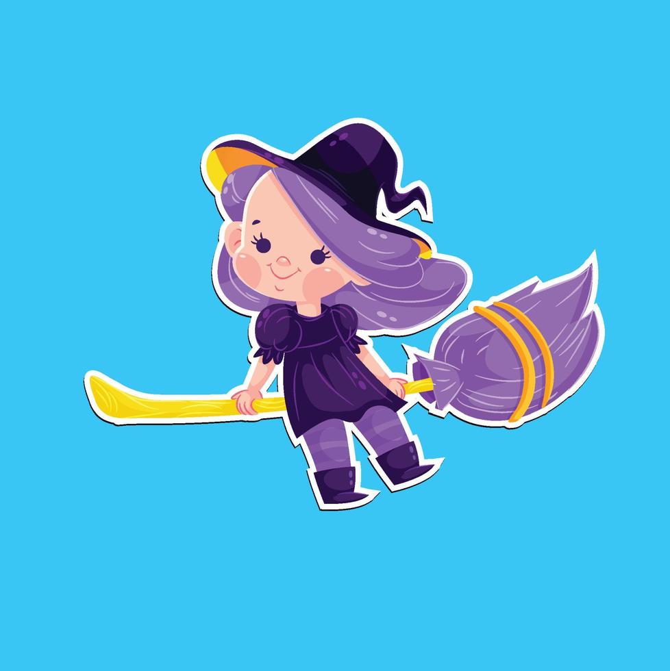 Sticker baby witch girl spooky flying broom vector