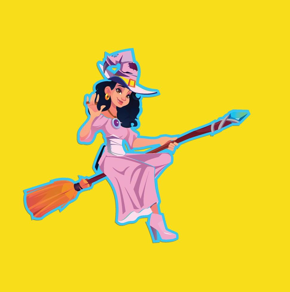 Cartoon halloween witch girl flying on broom vector