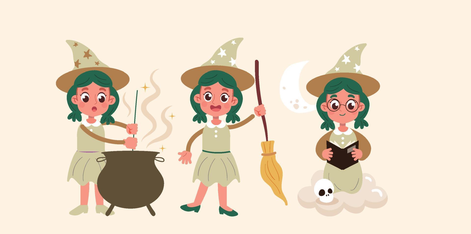 Collection of halloween witch in different poses vector