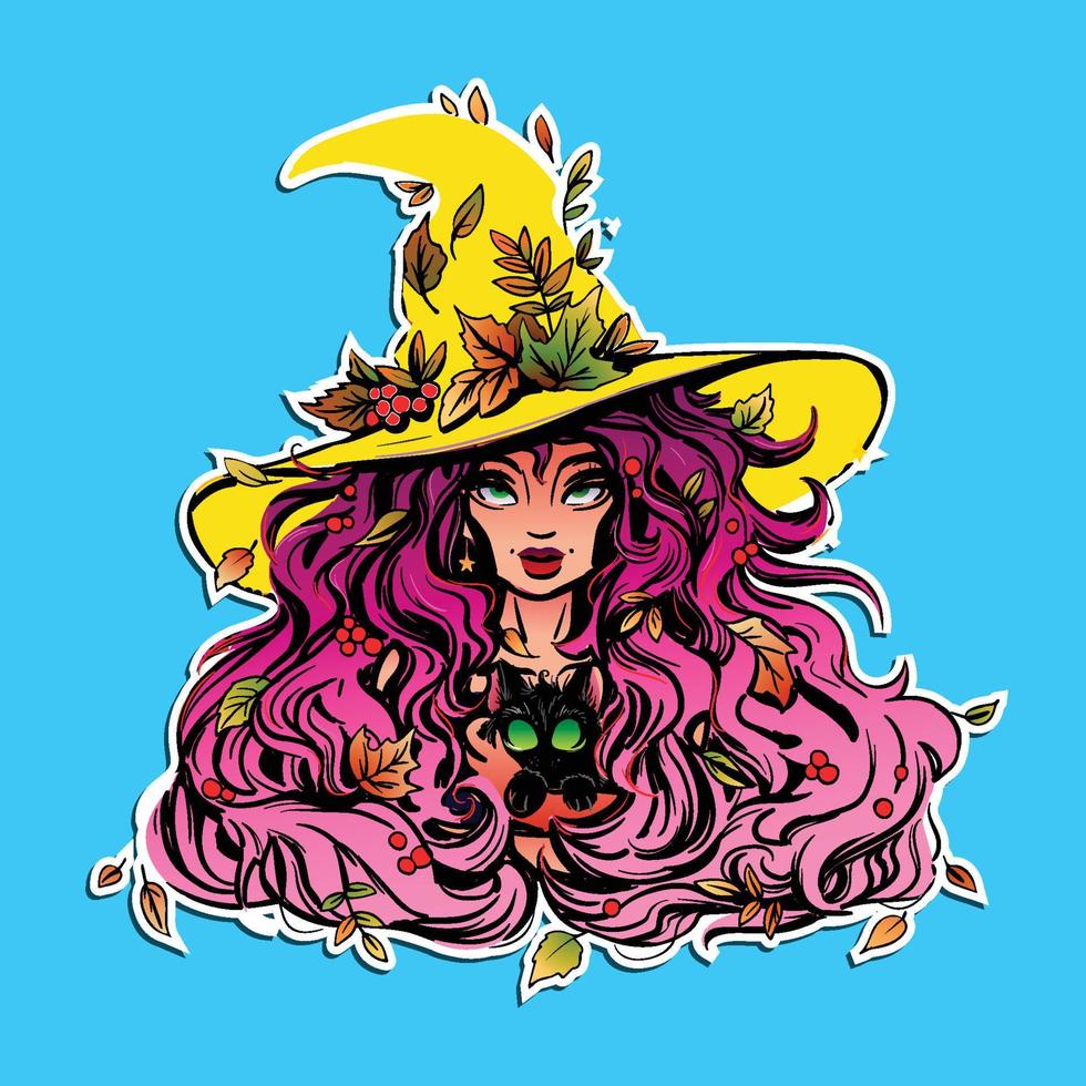 bright and colorful drawing of a witch girl in a witch hat with a cat in her hands vector