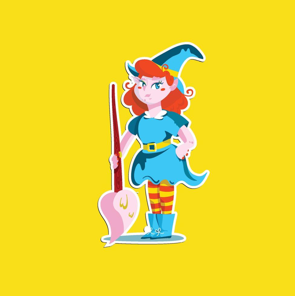 Sticker witch with broom costume halloween party vector