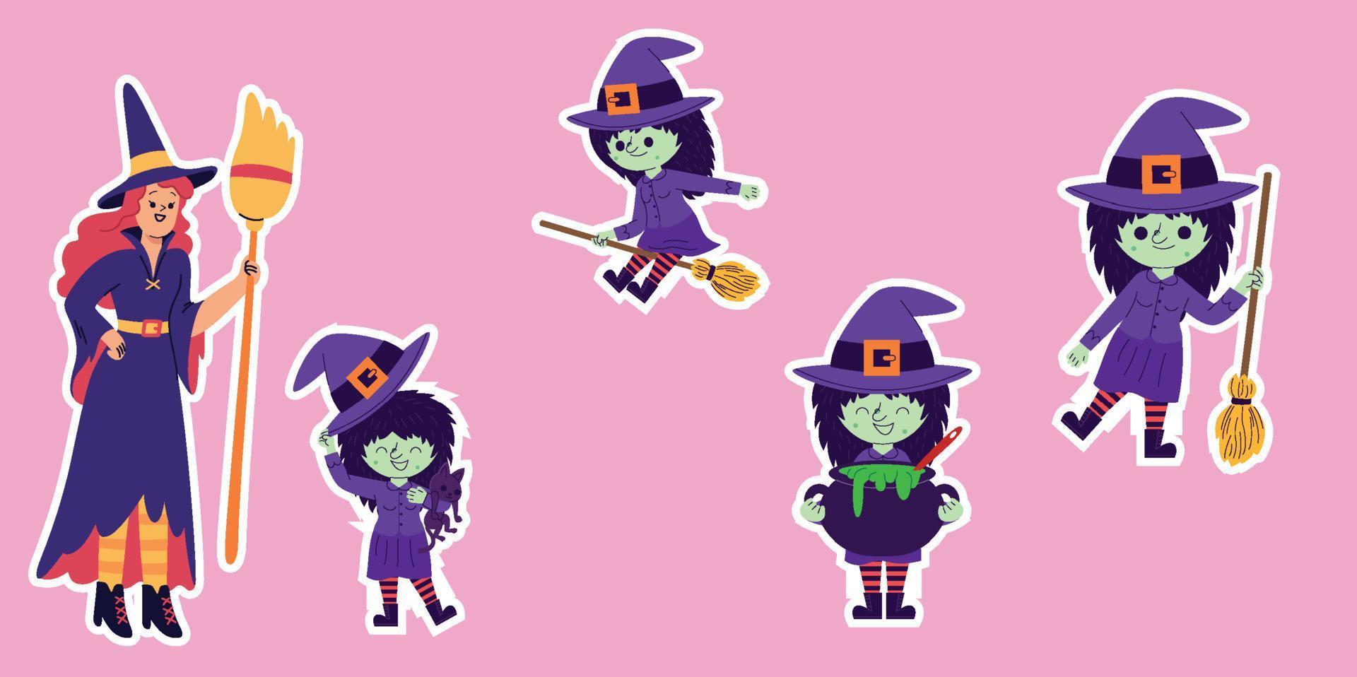 diseño plano de maestro y estudiante de bruja de halloween vector