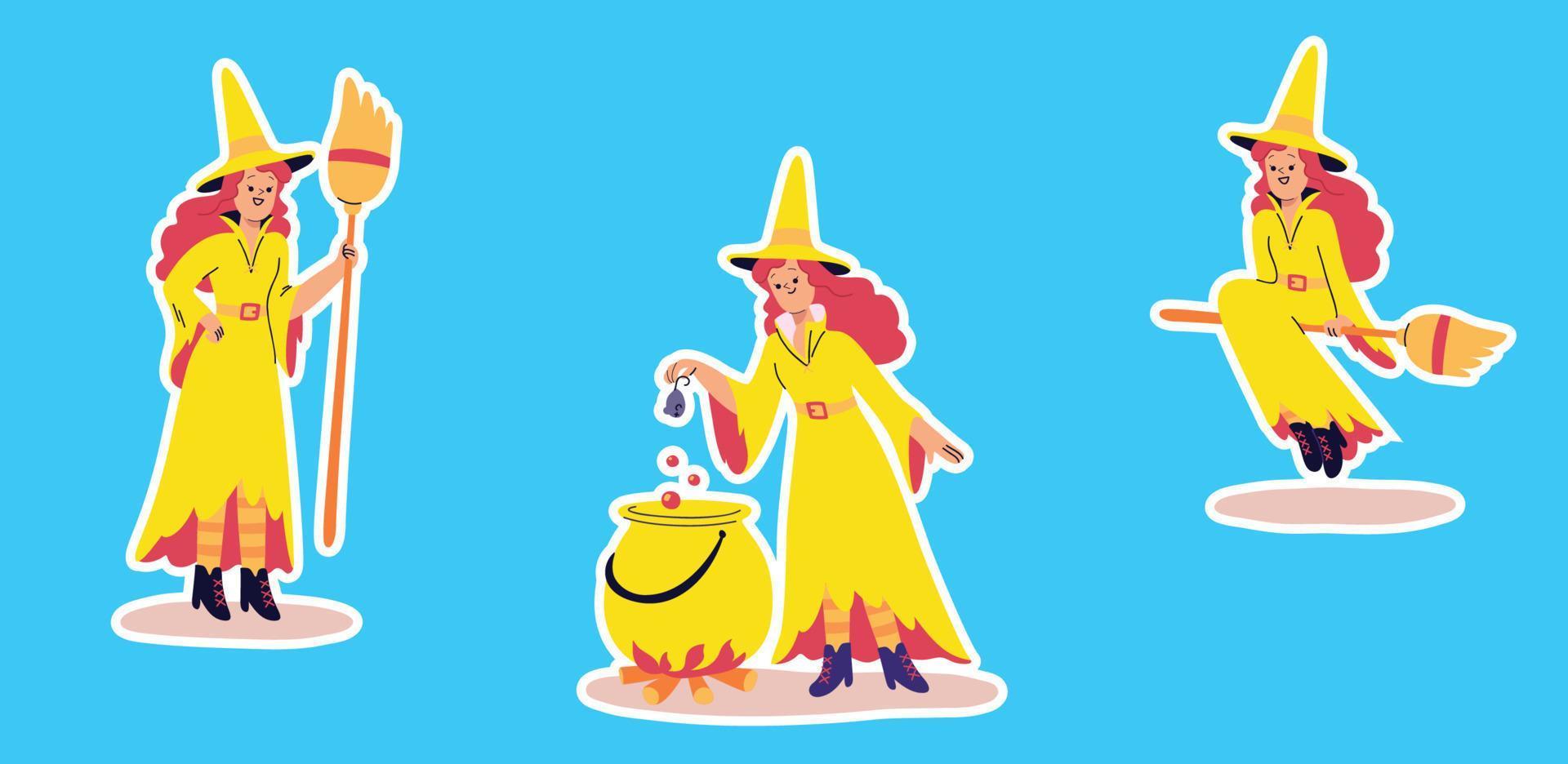 Three halloween young witches making potion vector
