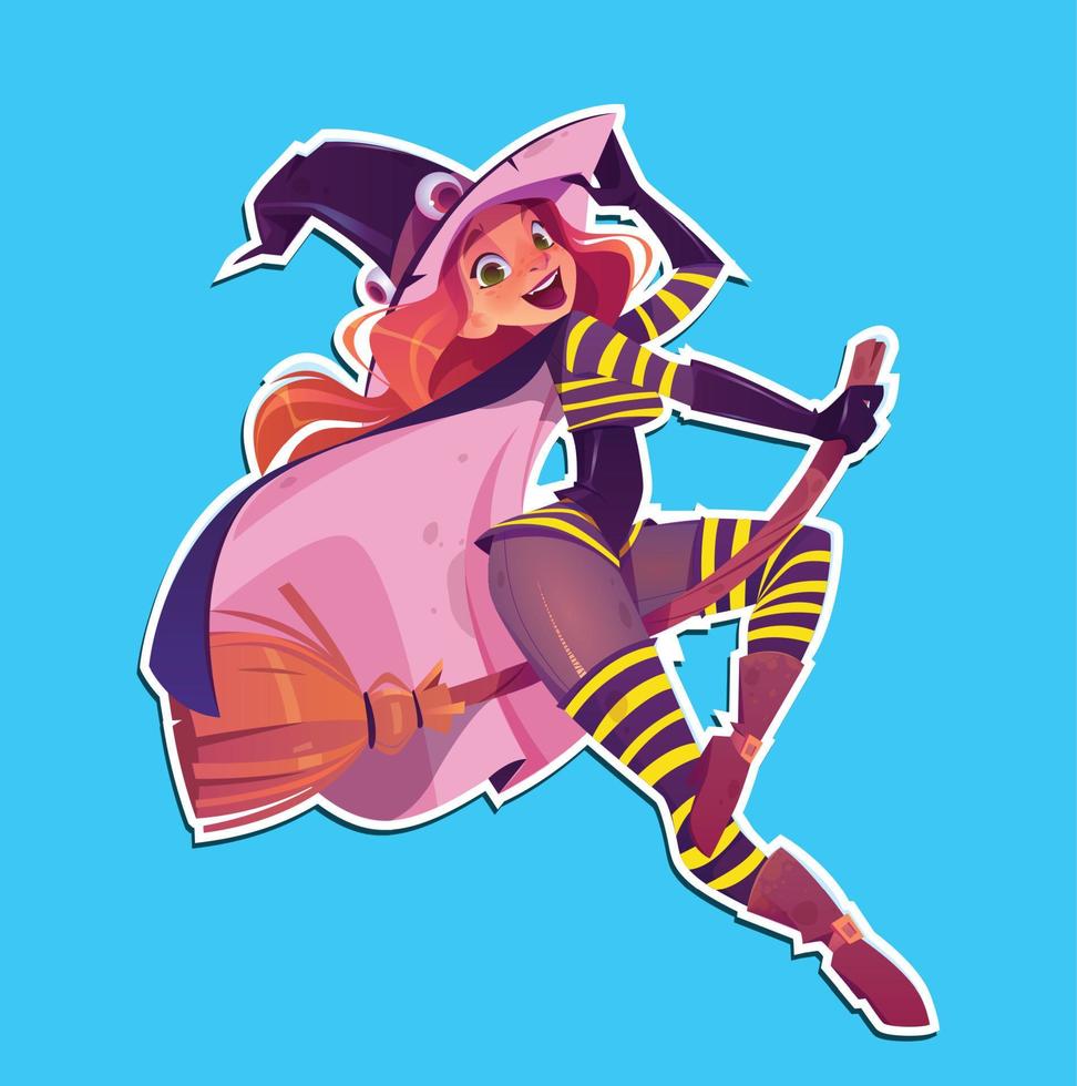 Sticker beautiful witch woman spooky hat flying broom vector