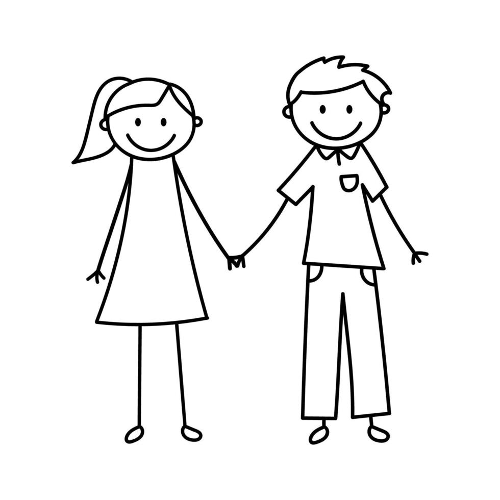 figuras de garabatos. lindo palo chico y chica tomados de la mano. ilustración vectorial aislado en blanco vector