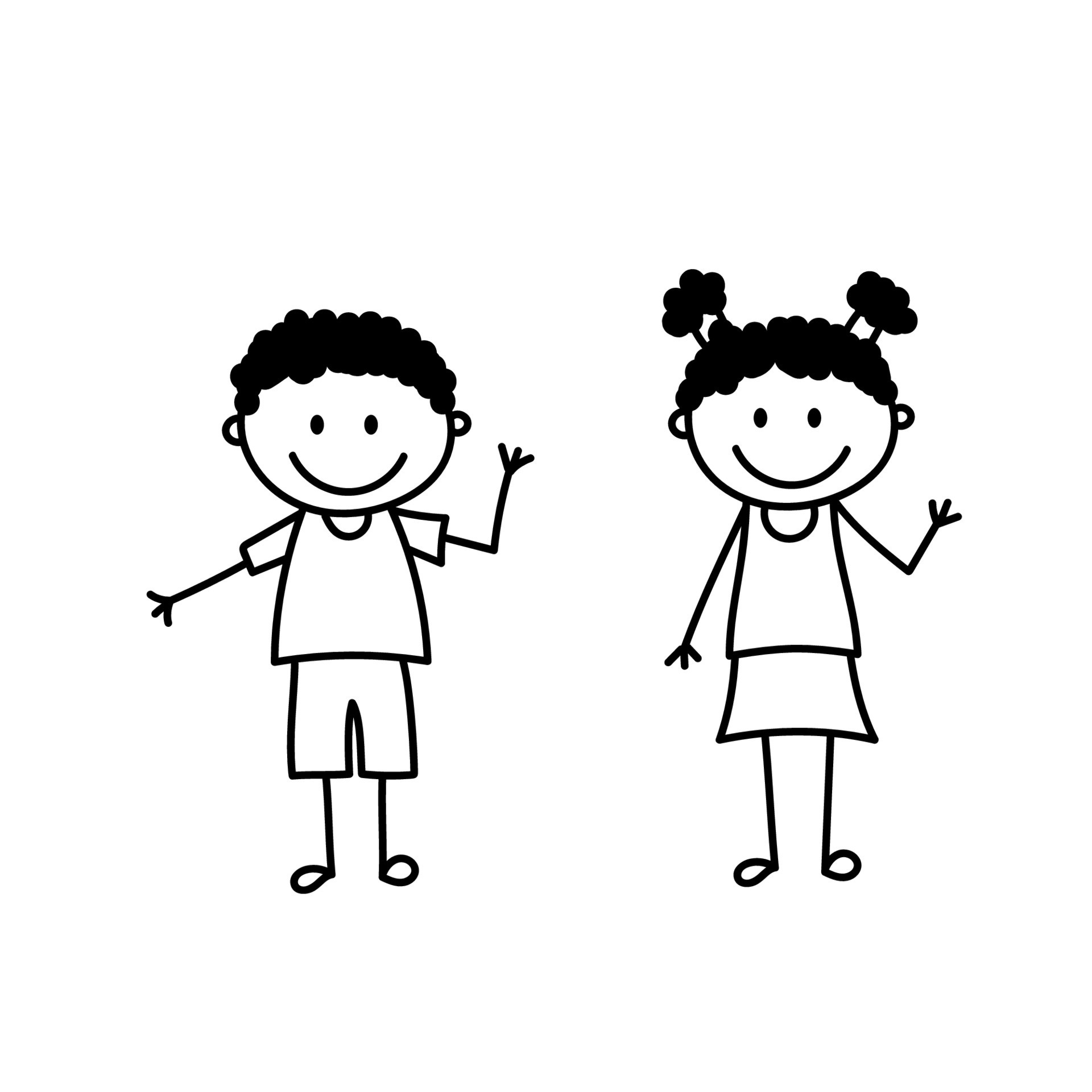 Set of doodle kids figures. Cute stick boy and girl waving hand