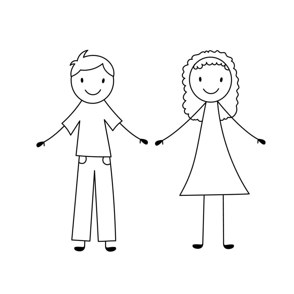 Cute stick smiling girl and boy. Vector illustration in doodle style isolated on white