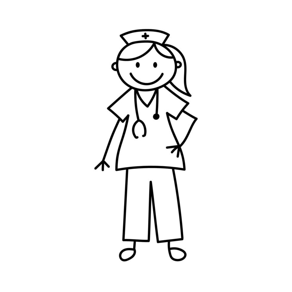 lindo palo mujer sonriente doctor. ilustración vectorial en estilo garabato aislado en blanco vector