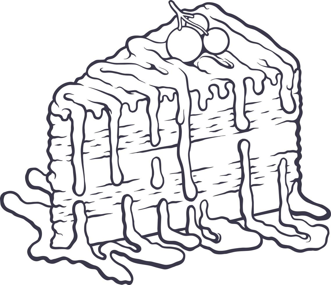 Delicious birthday cherry cake slice monochrome illustration vector