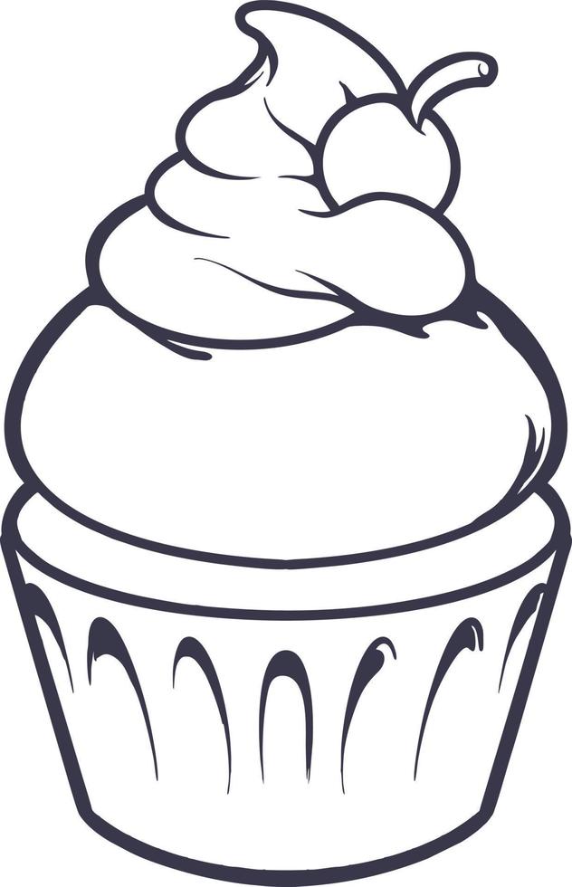 Delicious cherry cupcake illustration monochrome vector