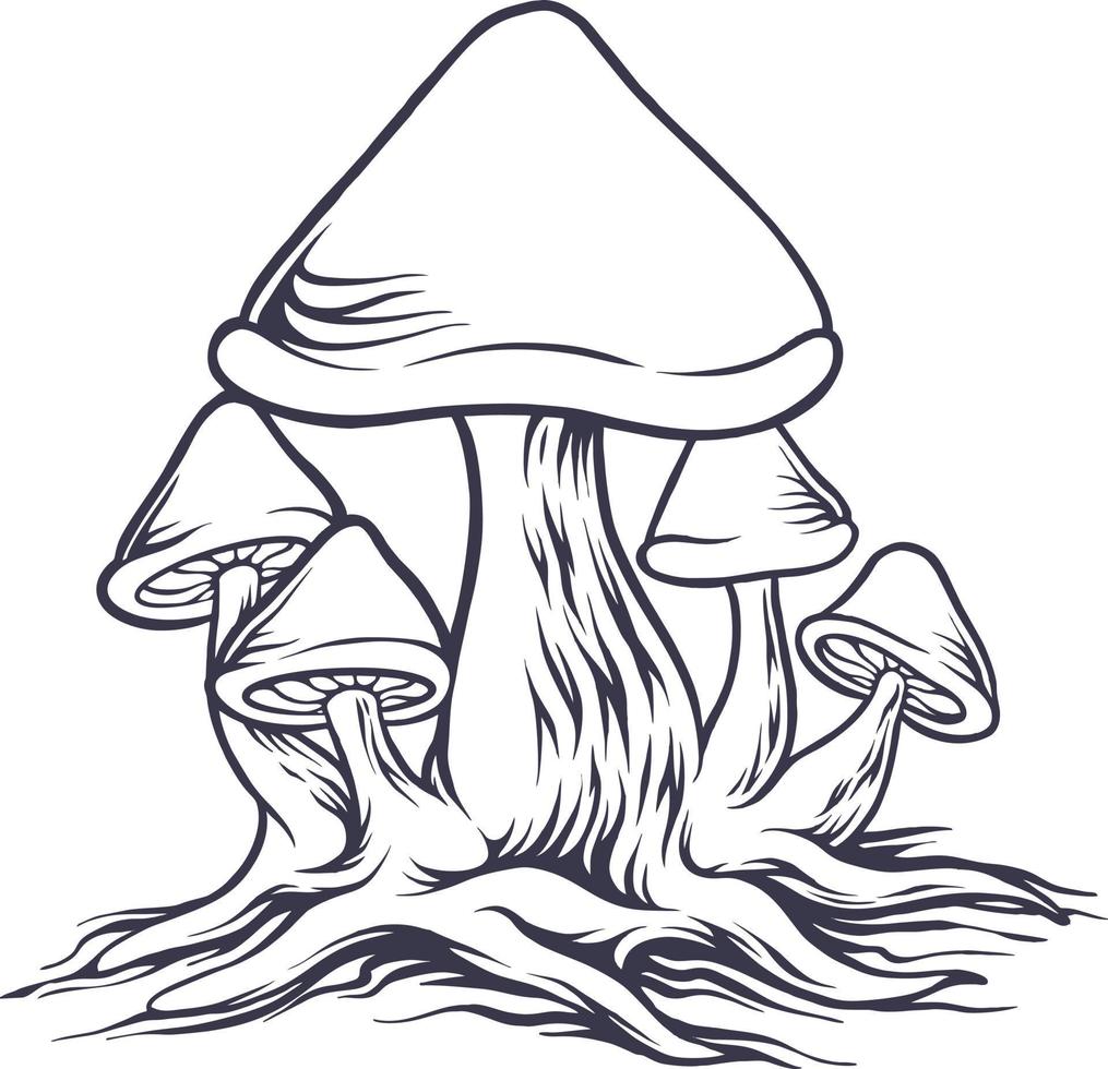 Funny magic mushrooms monochrome illustration vector