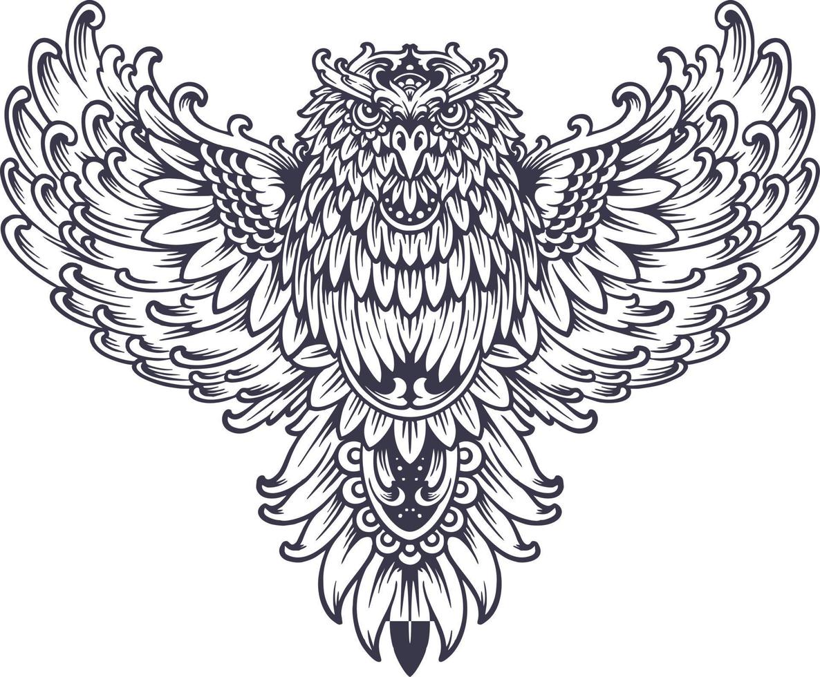 Flying owl flourish ornament silhouette vector