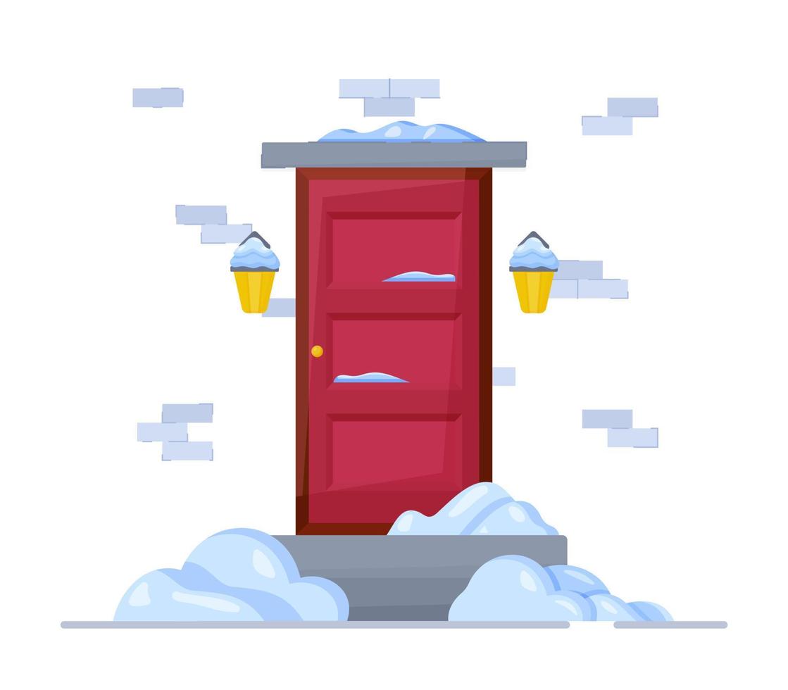 Vector illustration of a winter door. Pink door all covered with snow insulated on white background.