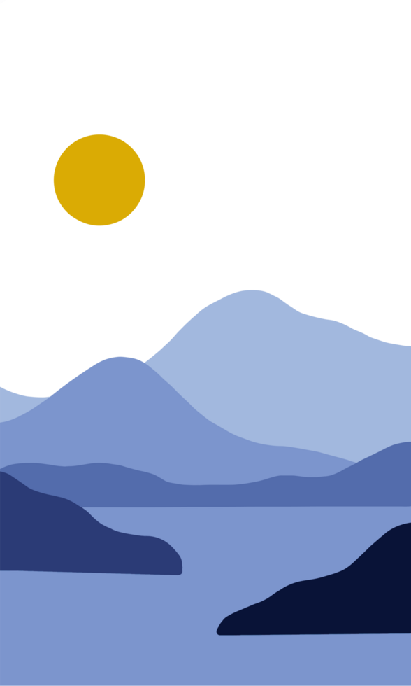 montagne et océan dans une illustration de paysage minimaliste. nuance de coucher et de lever de soleil dans les tons de terre. illustration de design contemporain à la mode. png