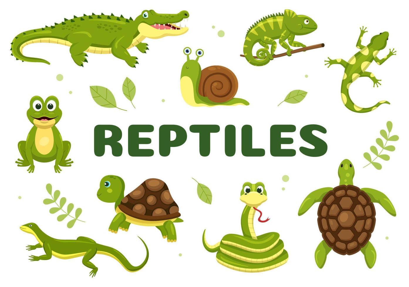 Set of Animal Reptile Template Hand Drawn Cartoon Flat Illustration with Various Types of Reptiles Animals Concept vector