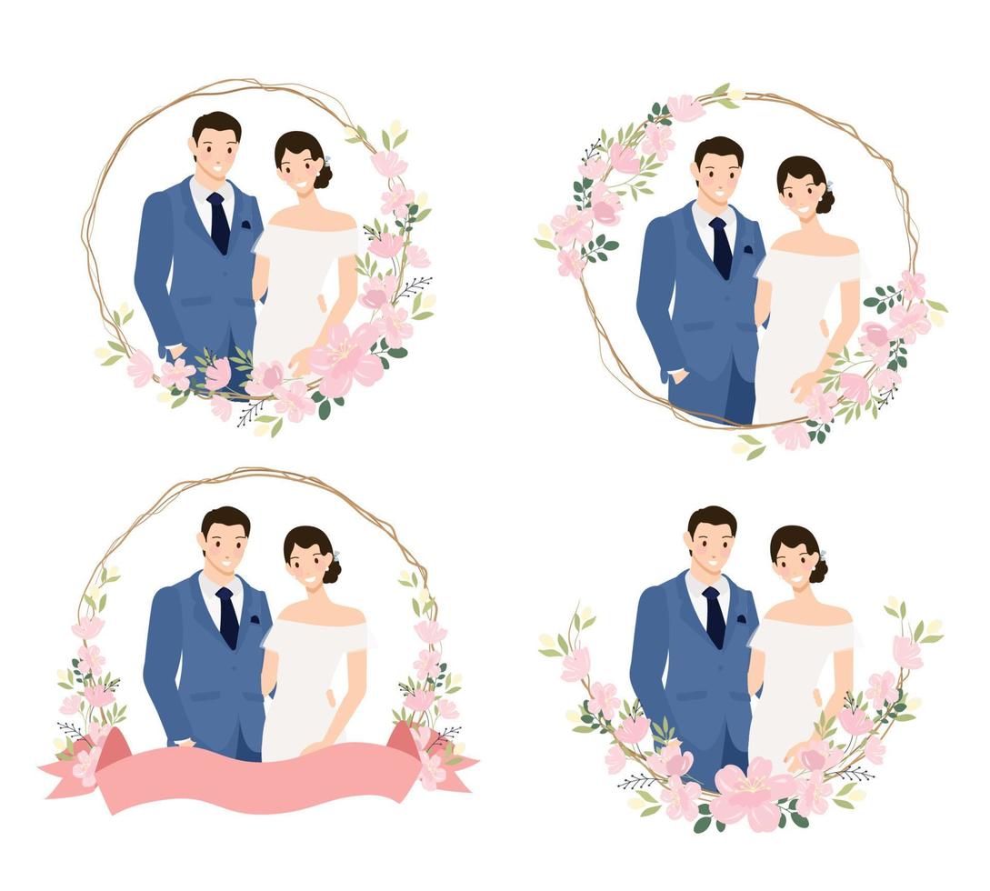 linda joven pareja de novios en traje azul en flor de cerezo corona estilo plano colección eps10 vectos ilustración vector