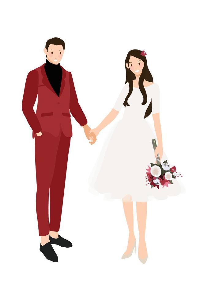 pareja de novios tomándose de la mano con traje rojo informal y vestido de estilo plano vector