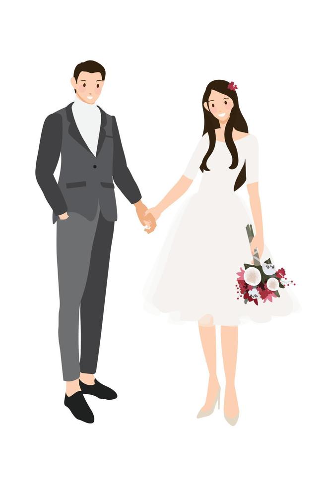 pareja de novios tomándose de la mano con traje gris informal y vestido de estilo plano vector