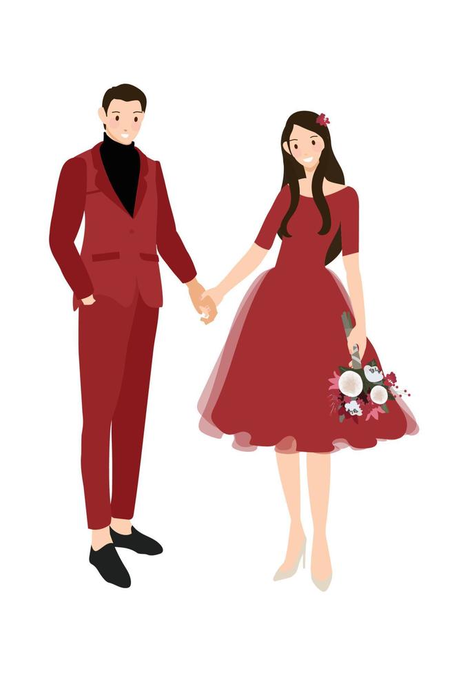 pareja de boda china en vestido rojo tradicional tomados de la mano eps10 ilustración vectorial vector