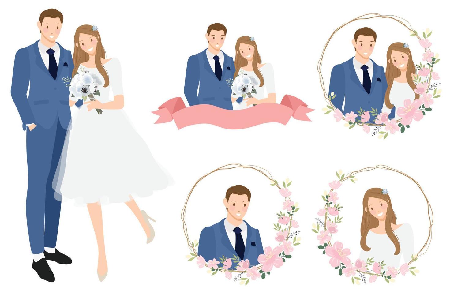 cute cartoon young wedding couple wreath logo in cherry blossom wreath eps10 vectors illustation