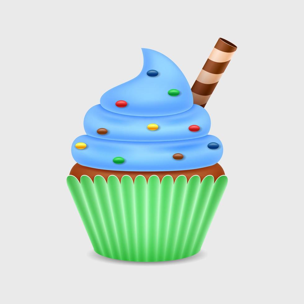 Sweet cupcake with wafer stick on white background vector
