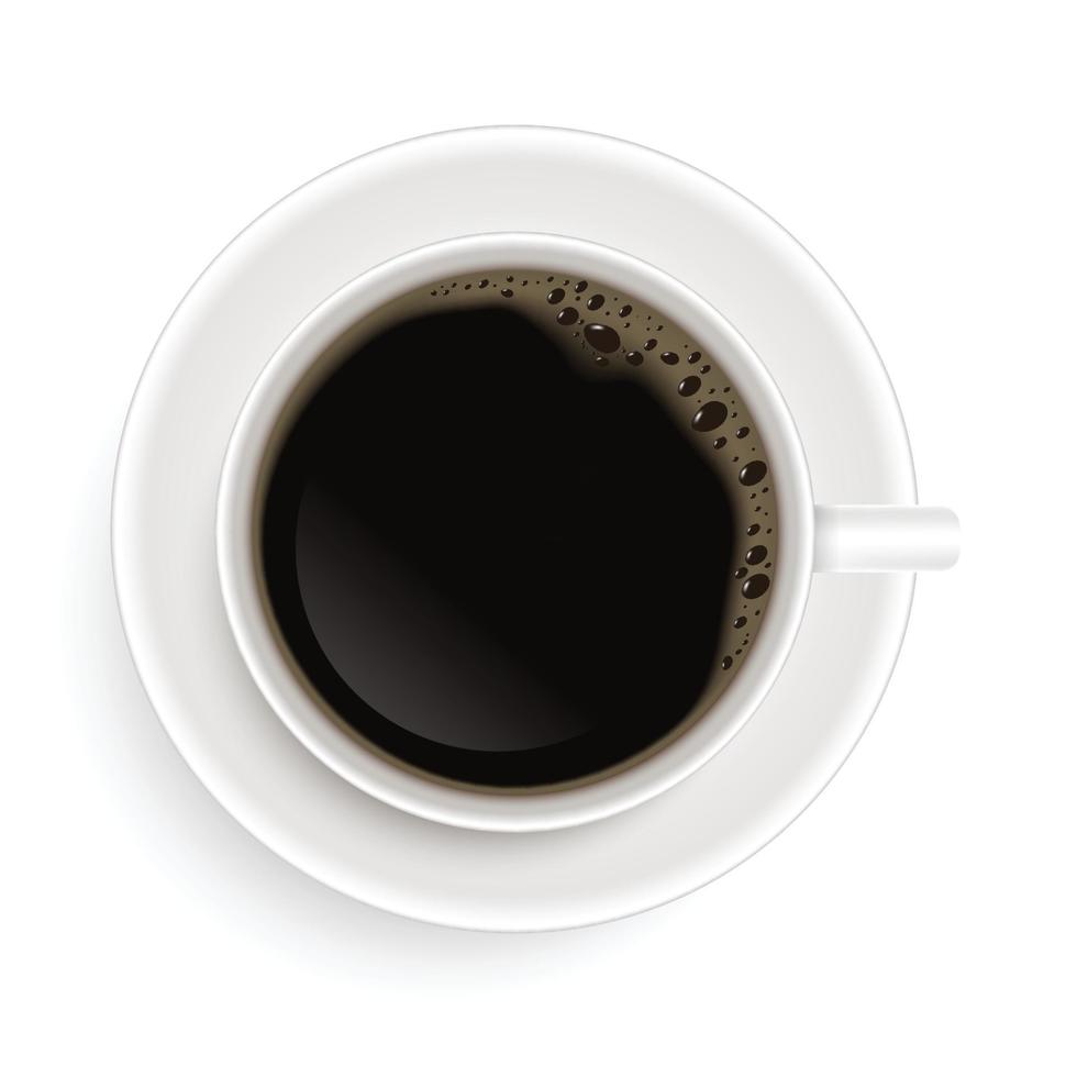 una taza de café y platillo, vista superior, vector realista sobre fondo blanco.