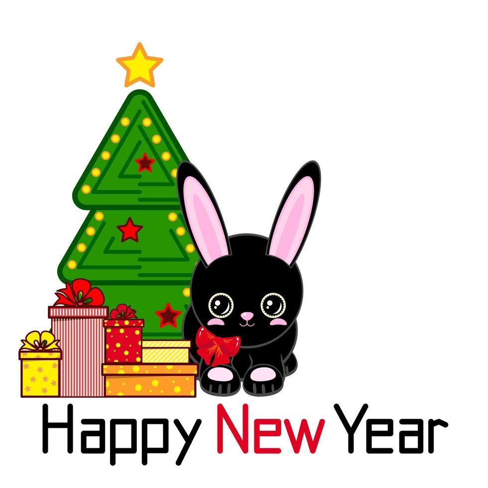 feliz año nuevo, un lindo conejo negro cerca de un árbol de navidad decorado con regalos. año Nuevo Chino vector