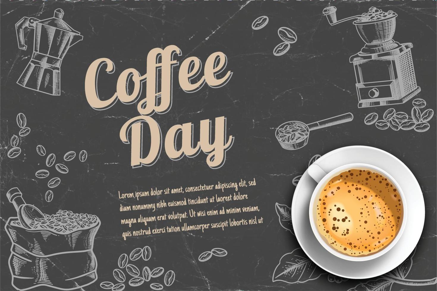 Coffee template ads with 3d illustration realistic latte style decorations on chalkboard background. vector