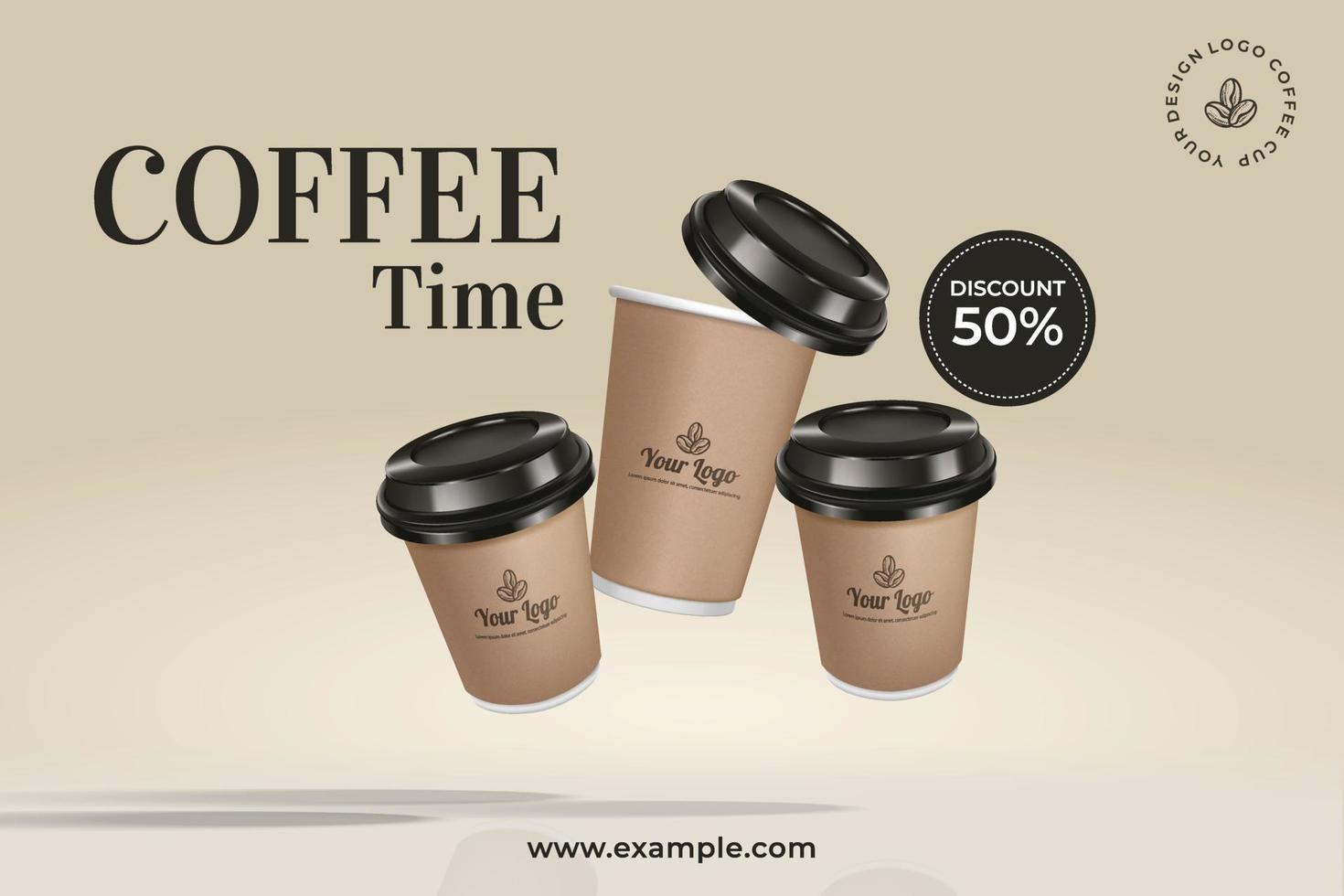 Takeaway coffee ads, paper cup package in 3d illustration realistic. vector