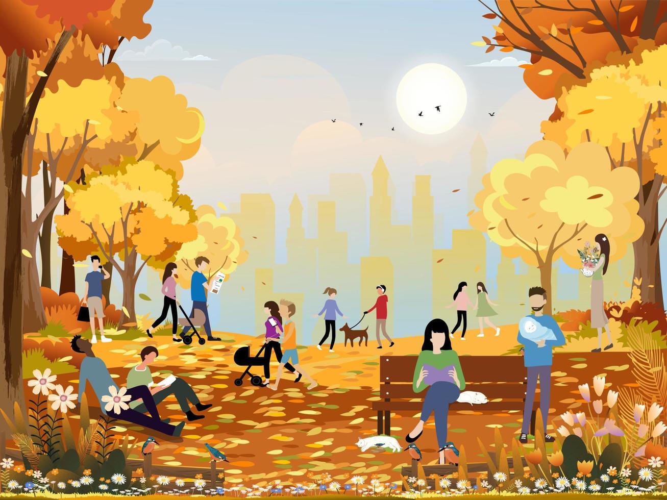 Autumn landscape in city park with happy people having fun, family walking the dog,boy talking on phone, man reading news paper and a girl sitting on bench having coffee reading book in orange foliage vector
