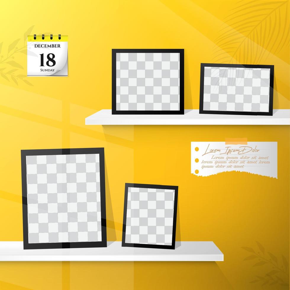 Photo frame with light and shadows in wall background template design vector